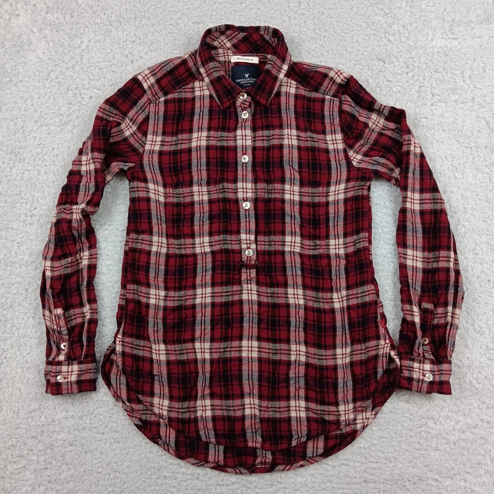 American Eagle Shirt Boyfriend XS Red Plaid Viscose Long Sleeve RN 54485